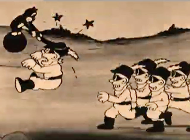 The Four Musicians of Bremen - black cartoon cat riding on cannonball while hitting soldiers
