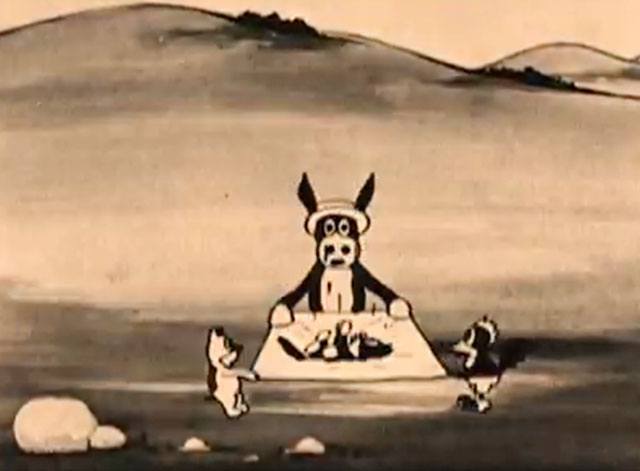 The Four Musicians of Bremen - donkey, dog, rooster trying to catch black cartoon cat in blanket