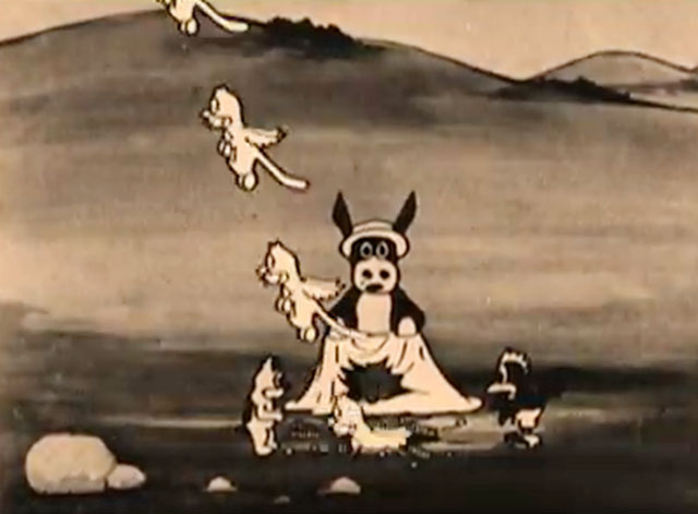 The Four Musicians of Bremen - donkey, dog, rooster watching as ghosts of black cartoon cat rise from hole
