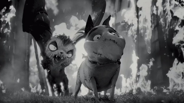 Frankenweenie - Mr. Whiskers as Vampire Cat about to grab Sparky outside burning windmill