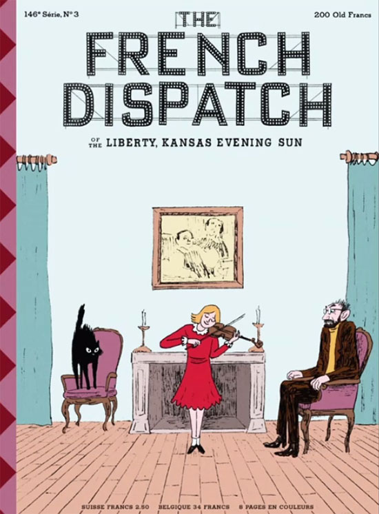 The French Dispatch - magazine cover with black cat arching back to sound of violin being played by girl