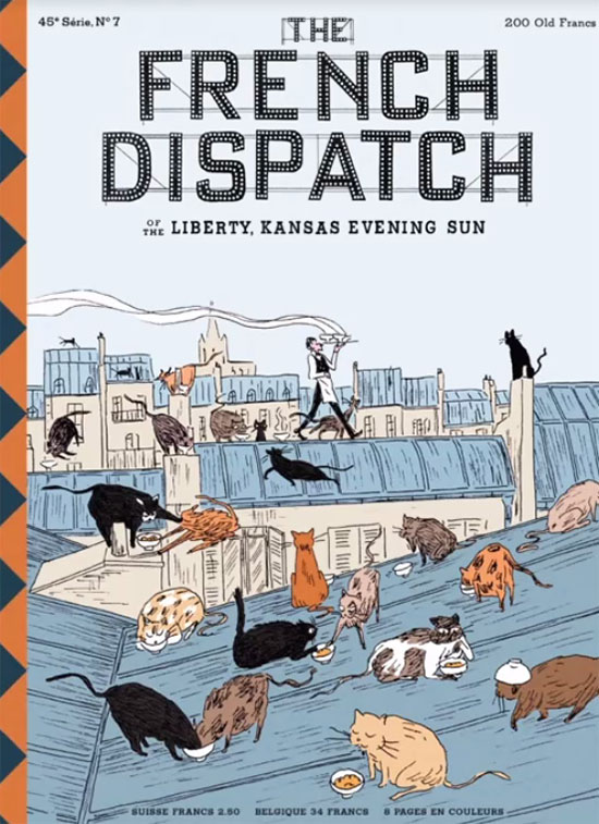 The French Dispatch - magazine cover with cartoon cats in great numbers on French rooftops