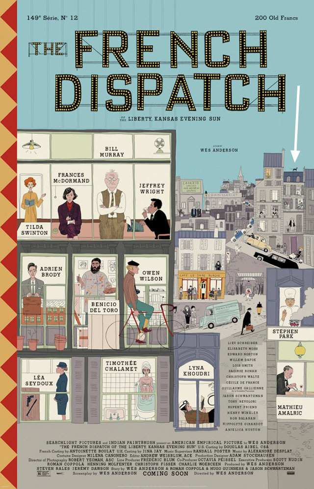 The French Dispatch - magazine cover movie poster with tiny black cat on roof