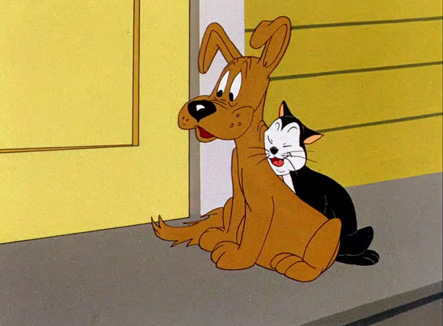 Fresh Airedale - black and white cartoon cat rubbing against dog Shep