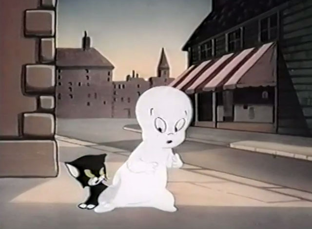 Frightday the 13th - cartoon black kitten Lucky hiding behind Casper the Ghost