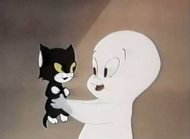 Frightday the 13th - cartoon black kitten Lucky held by Casper the Ghost