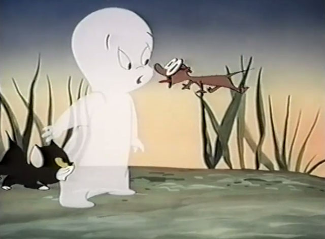 Frightday the 13th - cartoon black kitten Lucky watching Casper the Ghost scare mole
