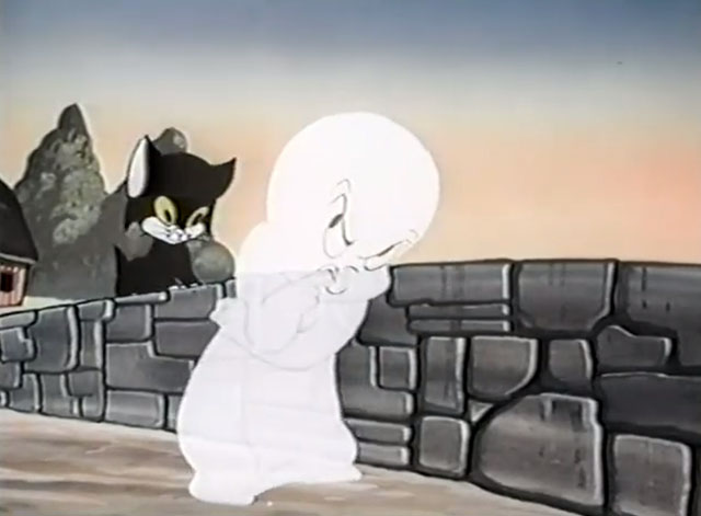 Frightday the 13th - cartoon black kitten Lucky with Casper the Ghost