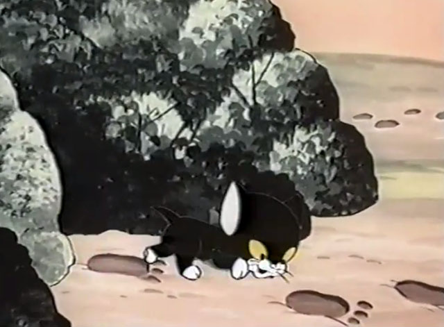 Frightday the 13th - cartoon black kitten Lucky following bear tracks