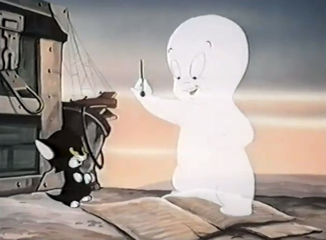 Frightday the 13th - cartoon black kitten Lucky with Casper the Ghost holding hat pin
