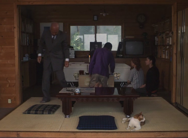 The Funeral - orange and white cat Kichi lying on tatami mat in room opposite casket
