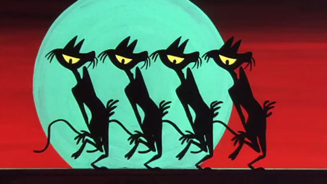 Gay Purr-ee - cartoon black The Money Cats dancing in front of moon on roof