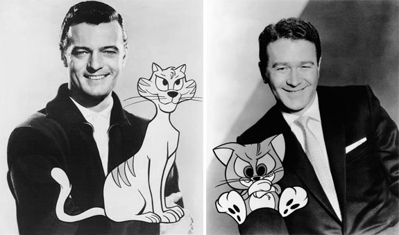 Gay Purr-ee - cartoon cats Juane-Tom and Robespierre posing with voice actors Robert Goulet and Red Buttons