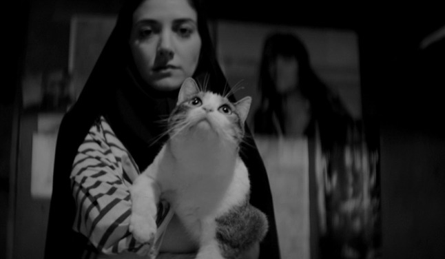 A Girl Walks Home Alone at Night - Masuka cat being held up by The Girl