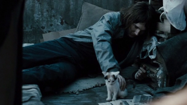 The Good Heart - Lucas Paul Dano petting white and calico kitten