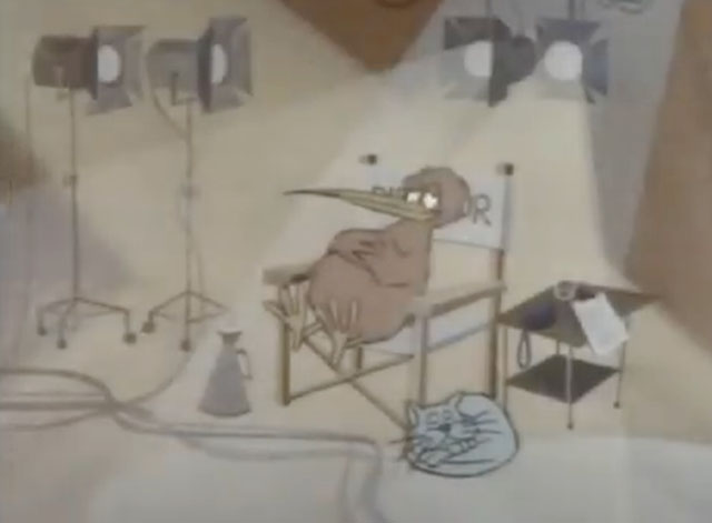 Goodnight Kiwi - cartoon kiwi and grey cat in television studio