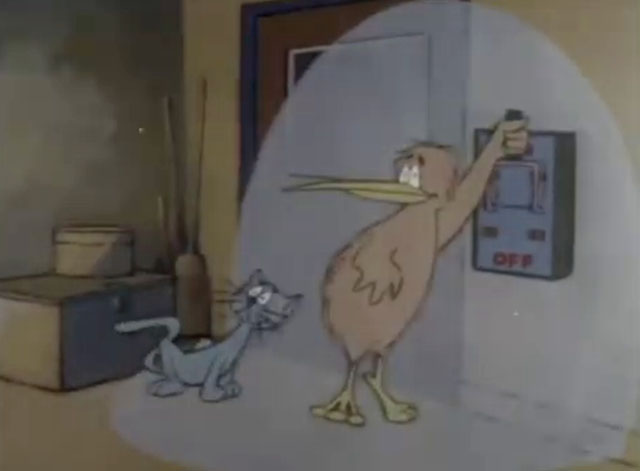 Goodnight Kiwi - cartoon kiwi and grey cat about to turn off lights in television studio