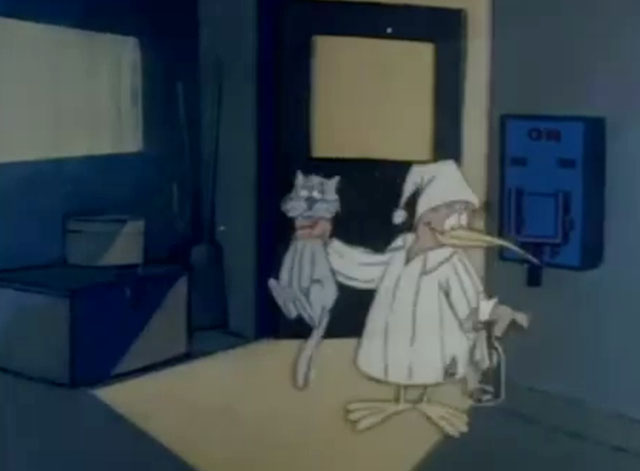 Goodnight Kiwi - cartoon kiwi putting grey cat out for the night