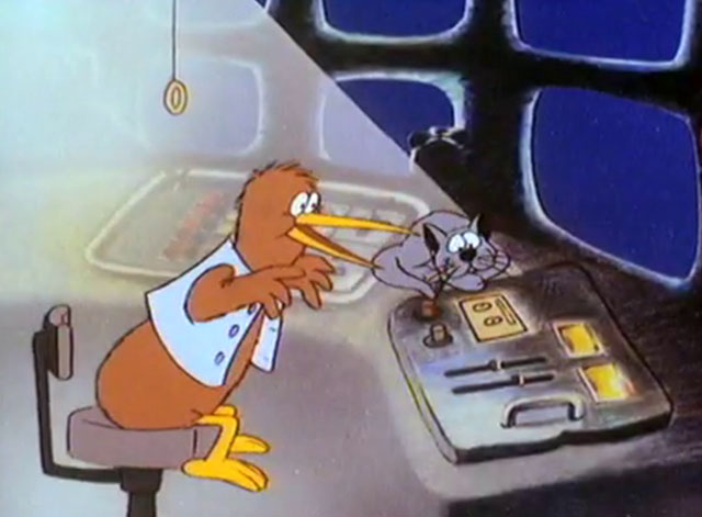 Goodnight Kiwi - cartoon kiwi and grey cat in television studio