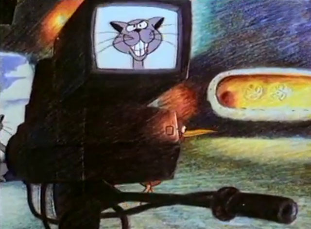 Goodnight Kiwi - cartoon grey cat as seen through television camera