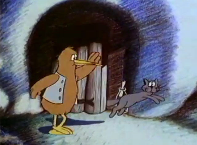 Goodnight Kiwi - cartoon kiwi and grey cat leaving television studio