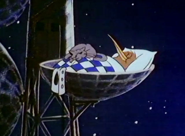 Goodnight Kiwi - cartoon kiwi and grey cat sleeping in satellite dish