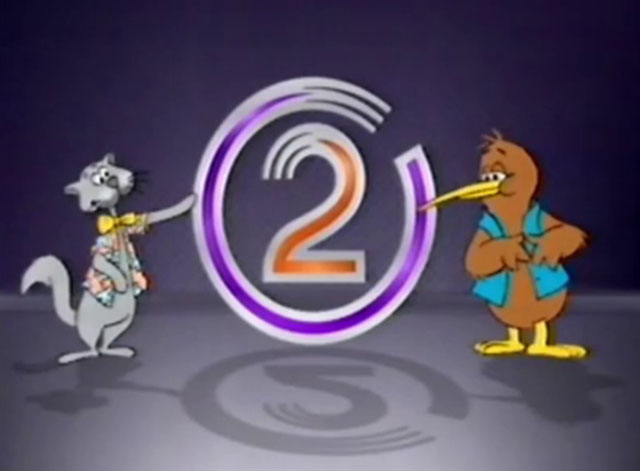 Goodnight Kiwi - cartoon kiwi and grey cat with Channel 2 logo