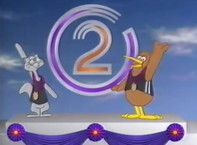 Goodnight Kiwi - cartoon kiwi and grey cat with Channel 2 logo