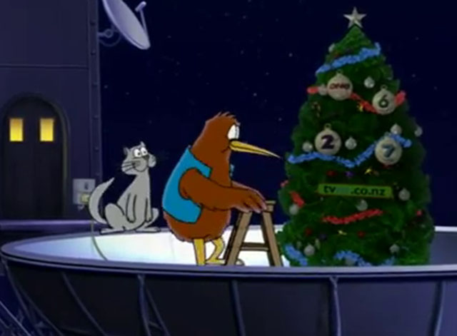 Goodnight Kiwi - cartoon kiwi and grey cat with Christmas tree