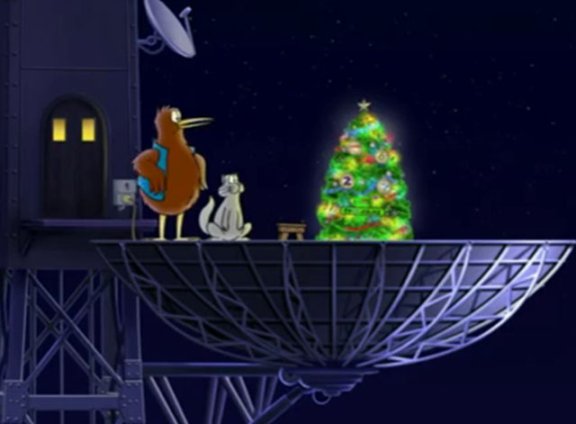 Goodnight Kiwi - cartoon kiwi and grey cat with lit Christmas tree in satellite dish