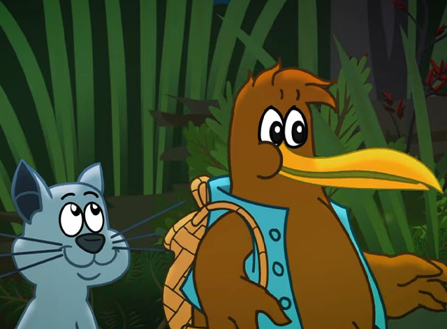 Goodnight Kiwi - cartoon kiwi and grey cat