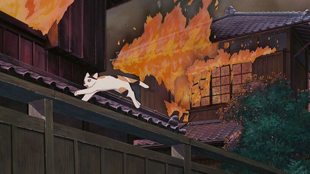 Grave of the Fireflies - cartoon calico cat running away from burning building