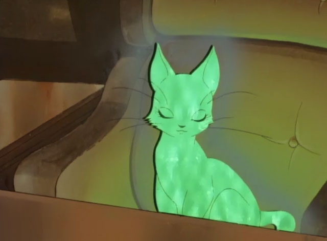 The Green Cat - Midori no neko - cartoon green cat glowing in chair