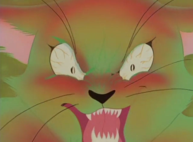 The Green Cat - Midori no neko - cartoon green cat extreme close up scary and hissing