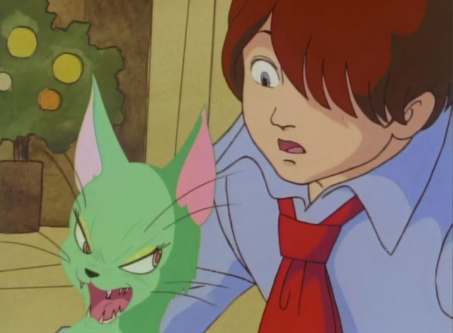 The Green Cat - Midori no neko - cartoon green cat looking scary with Sango