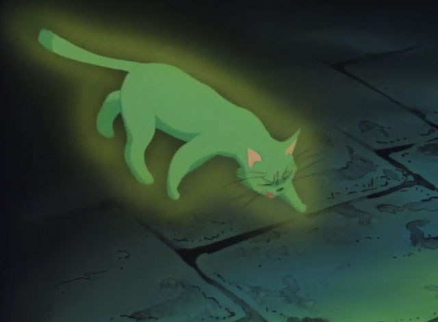 The Green Cat - Midori no neko - cartoon green cat emerging from shadows