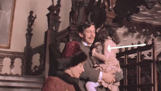 Greystoke: The Legend of Tarzan, Lord of the Apes - John Clayton Paul Geoffrey carrying little girl Jane and Persian kitten down stairs with Lady Clayton Cheryl Campbell