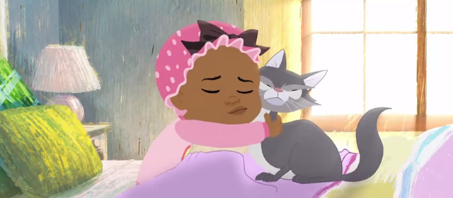 Hair Love - gray cat Rocky allowing Yuri to hug him