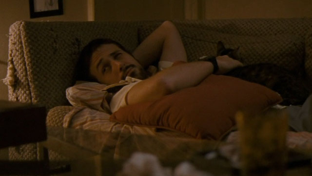Half Nelson - Dan Dunne Ryan Gosling lying on couch with tabby cat Dave