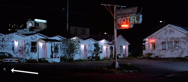 Halloween III: Season of the Witch - tuxedo cat barely visible in motel parking lot