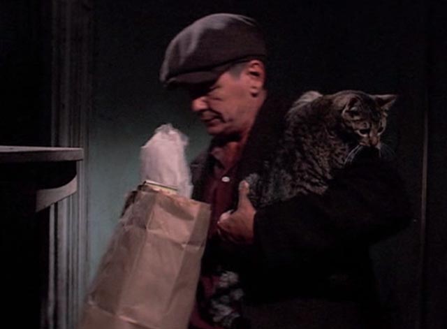 Hard Times - Chaney Charles Bronson holding tabby cat while unloading groceries closer