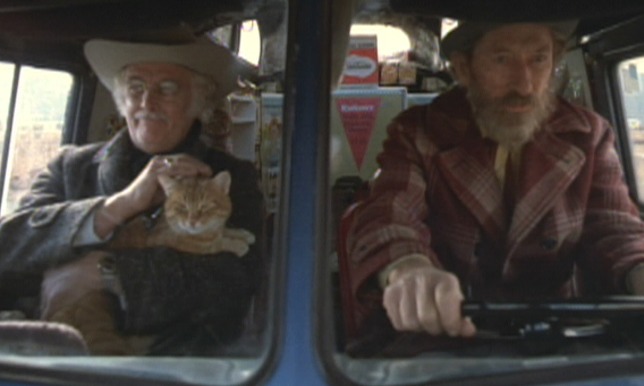 Harry & Tonto - Harry Art Carney holding ginger tabby cat Tonto in cab of truck