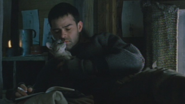 Hart's War - Sgt. Carl S. Webb Rory Cochrane laying on bed with grey tabby cat