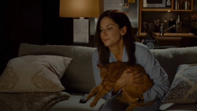 The Heat - Ashburn Sandra Bullock lifting orange tabby cat Pumpkin from couch