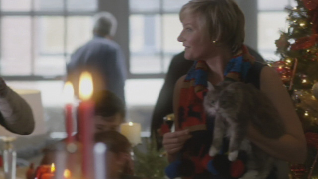A Heavenly Christmas - gray and white Maine Coon cat Forbes held by woman at party