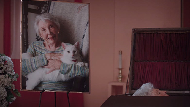Hello My Name is Doris - elderly woman holding white cat in photo at funeral