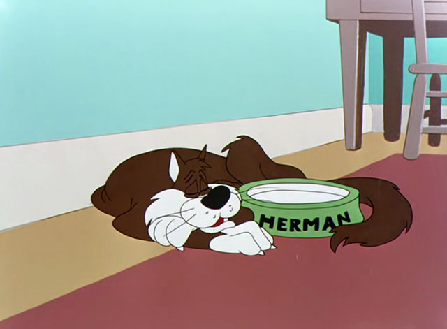 A Hick, a Slick and a Chick - cartoon brown and white cat Herman sleeping next to bowl of milk