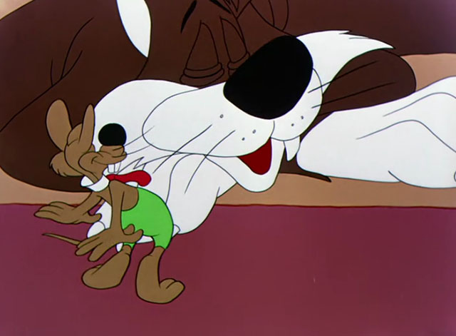 A Hick, a Slick and a Chick - cartoon mouse Elmo looking at sleeping brown and white cat Herman