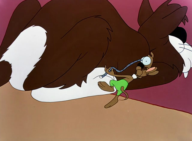 A Hick, a Slick and a Chick - cartoon mouse Elmo measuring brown and white cat Herman with tape measure