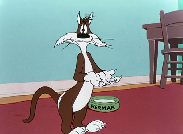 A Hick, a Slick and a Chick - cartoon brown and white cat Herman looking shocked